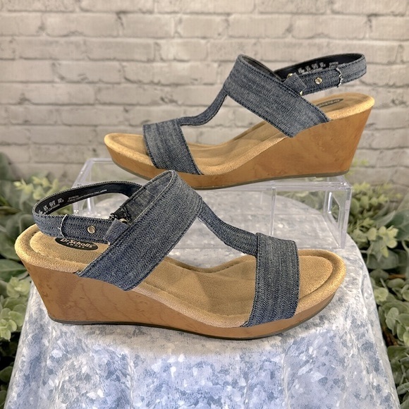 Dr. Scholl’s “Byron” Blue Denim Open Toe H-Band Wedge Sandals WMS 7.5M💙EUC - Picture 4 of 10